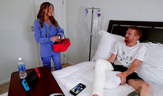 A doctor with big milkings cured a man with a boner