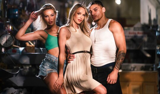 The pumped -up Machu arranged a gangbang with beauties in the garage