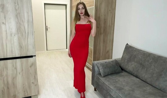 Passionate Russian girl in the dress makes a cool blowjob