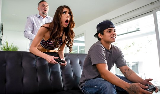 Brunette cheats on her friend with his passionate father, and cums from the spanking