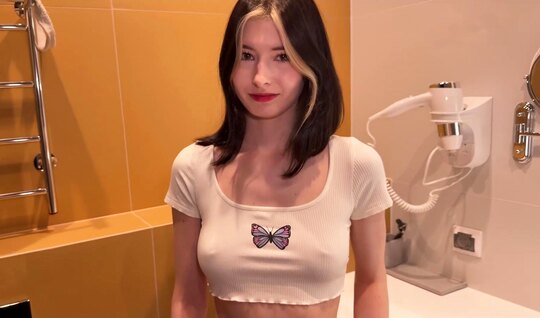 Young bitch sucks her boyfriend in the bathroom