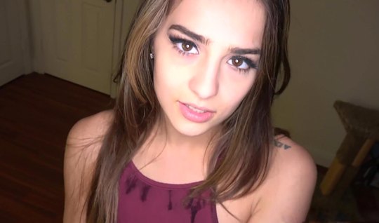 A student at home gives a blowjob close-up and goes down on top of a slit on a riser