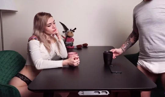 Russian girl on the bed gives a friend a homemade blowjob and jumps on a dick