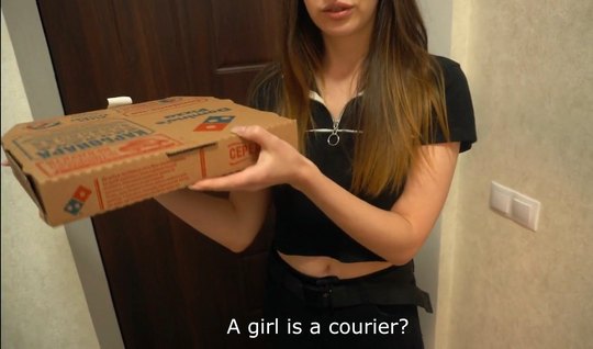 Young courier girl rides her clients cock
