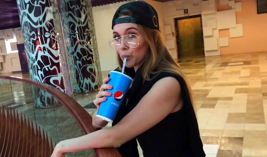 Russian girl in public, doing deep Blowjob and takes the cum